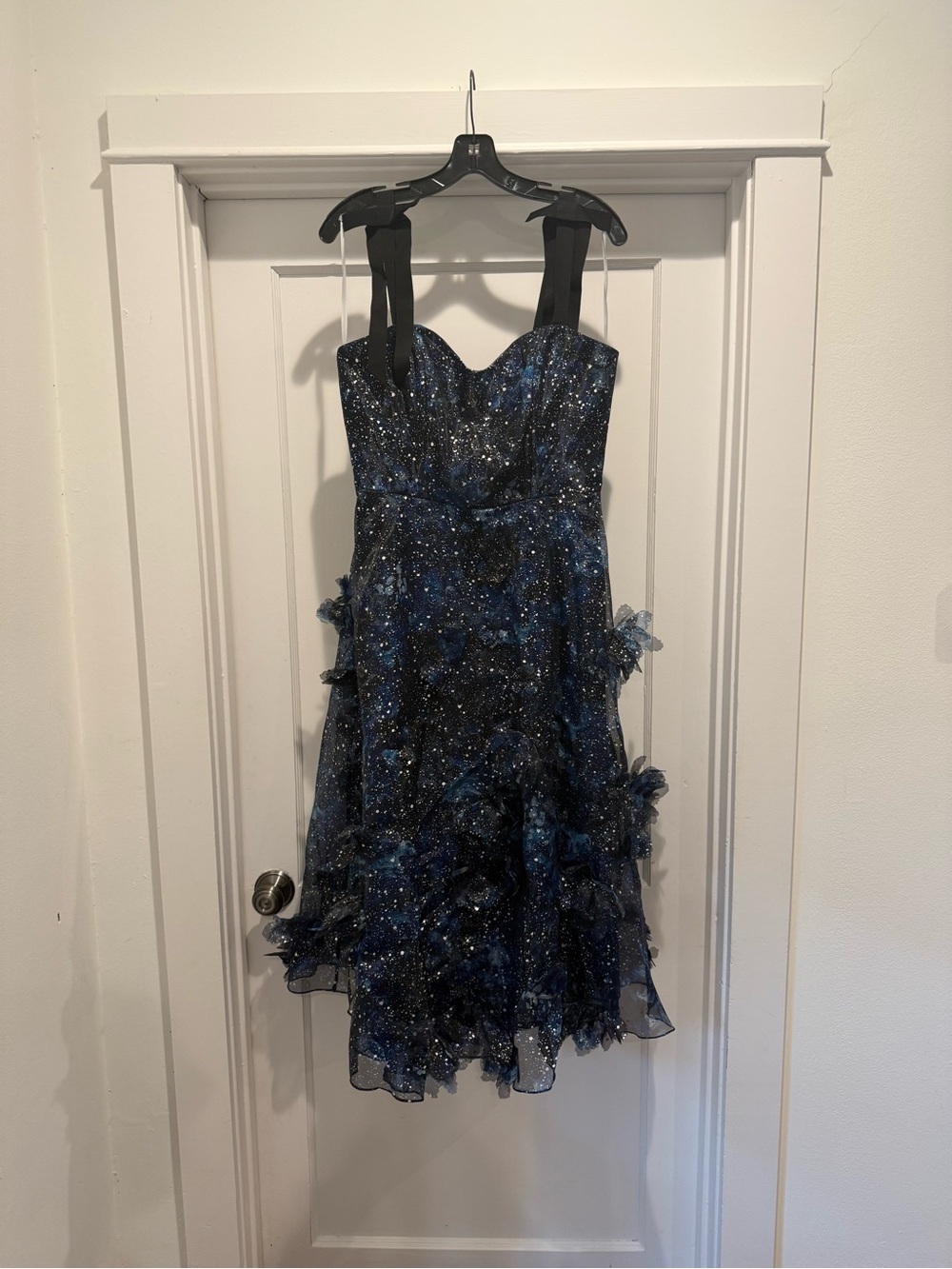 Sparkling Navy Blue Midi Dress with Black Straps